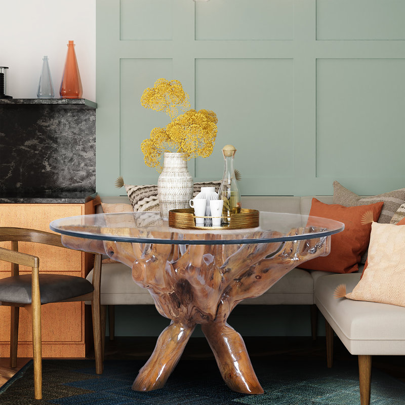 Glass Top Solid Wood Base Dining Table, 30" H x 55" L x 55" W