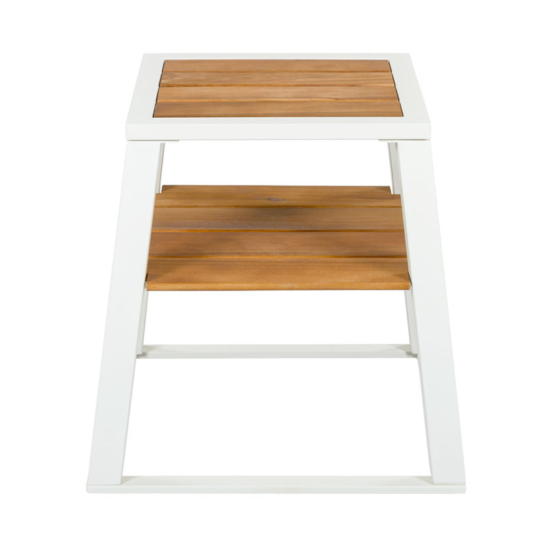 Table d'appoint d'extérieur, table de bout en bois d'acacia à 2 niveaux avec structure en fer blanc, table d'appoint de patio résistante aux intempéries avec tablette de rangement, finition teck, capacité de 30 lb