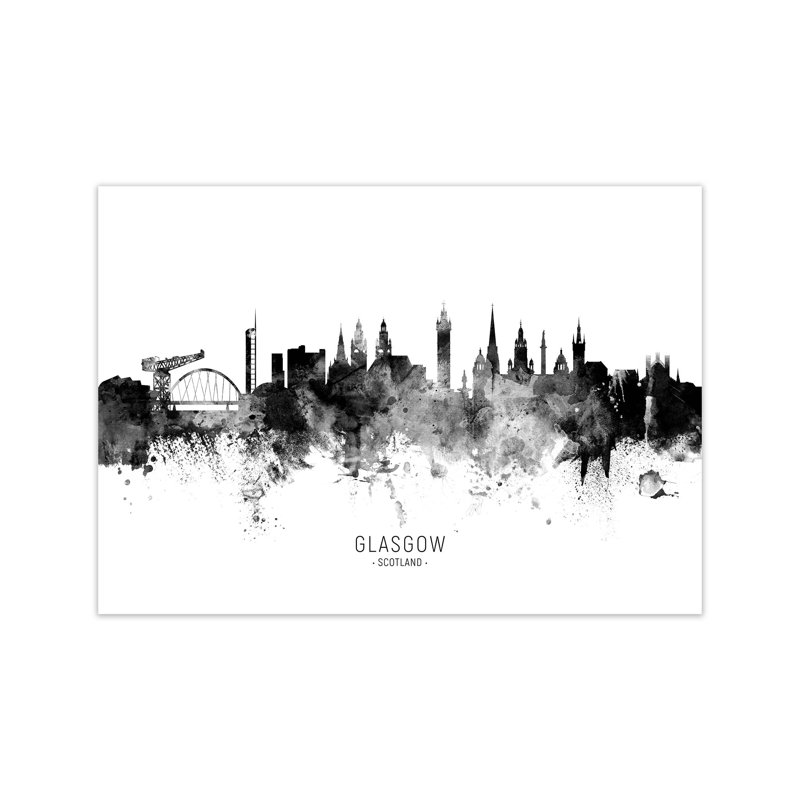 Glasgow Scotland Skyline Black White City Name by Michael Tompsett - Print, 42cm H x 59cm W x 1cm D, Unframed