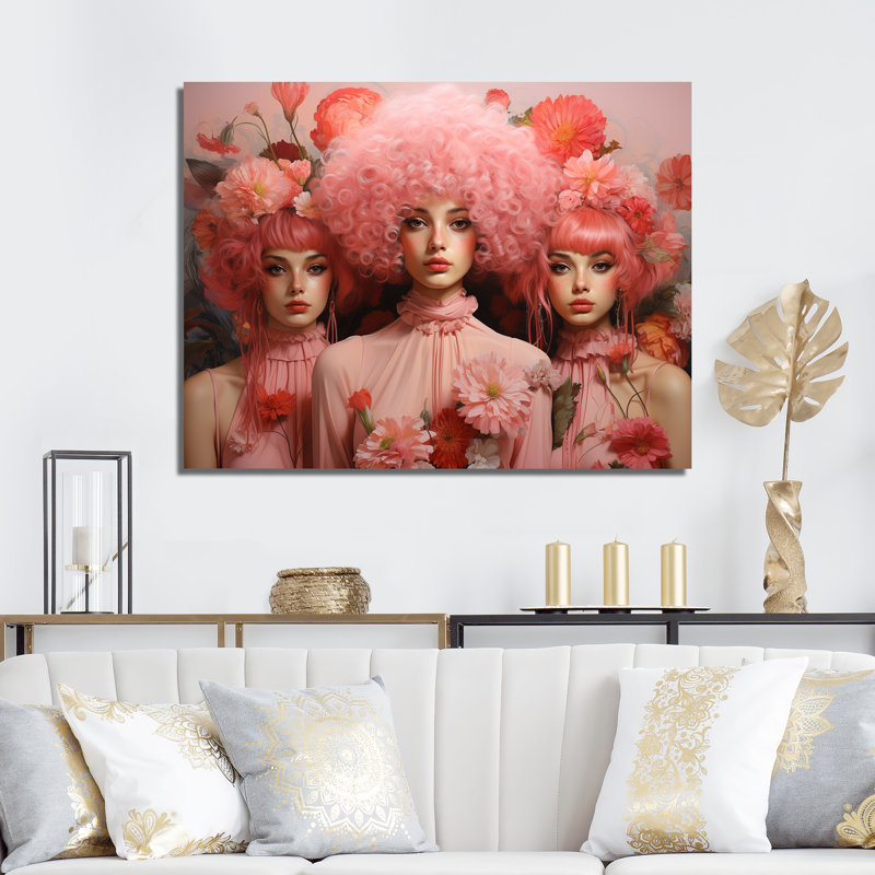 Portrait de perruques roses fantaisistes - femme, art mural, H 16 po x l 32 po x P 1 po, Toile tendue