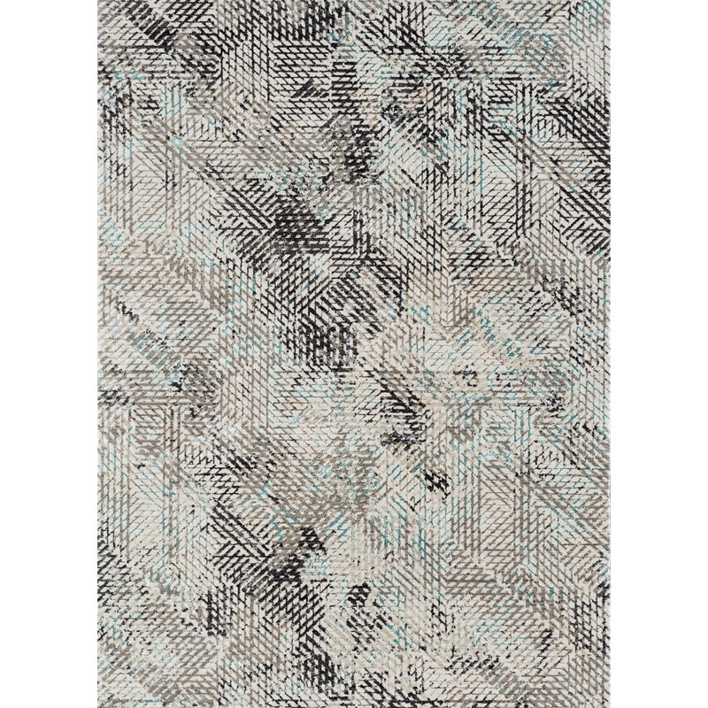 Bonwick Transitional Abstract Premium Polyester High-Low Performance Aqua/Gray Area Rug, Rectangle 3'11' x 5'7"