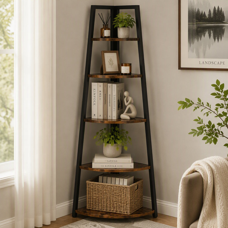 Étagère d'angle de 178 cm (70 po), tablette de rangement d'angle à 5 niveaux avec bibliothèque d'échelle, Brown