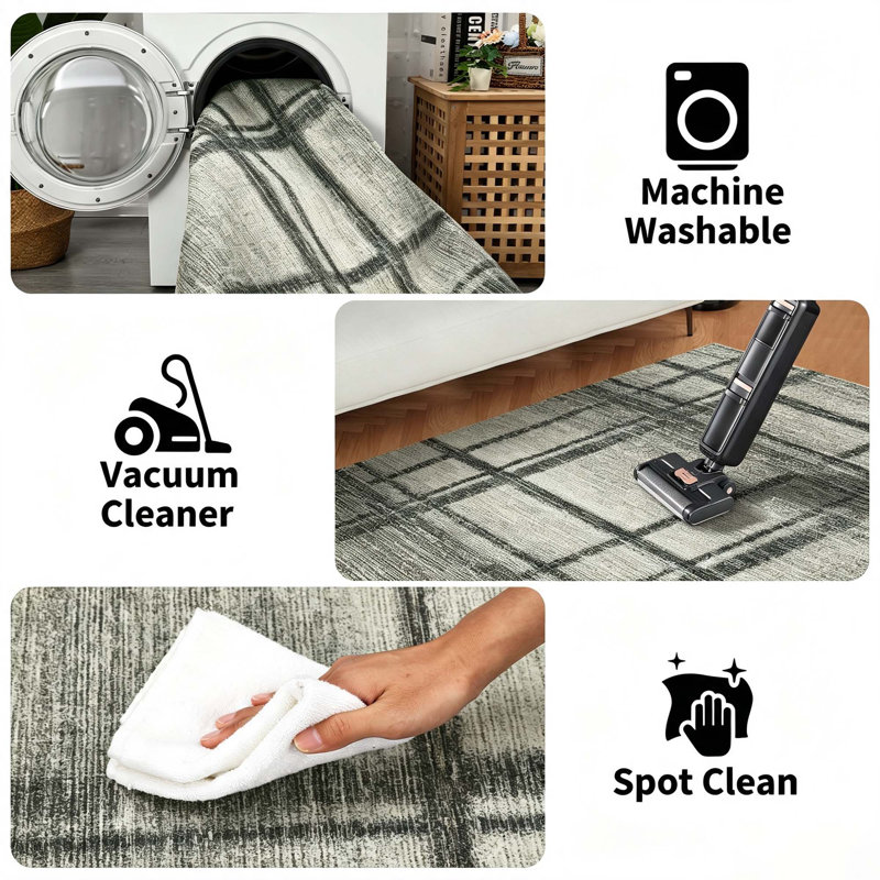 Tapis écossais lavable à la machine avec envers antidérapant, Brun vert, 10 x 13 pi