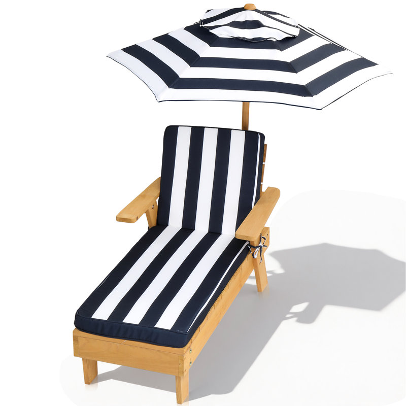 Kids Outdoor Wooden Chaise Lounge with Umbrella and Blue & White Striped Cushion, Blue