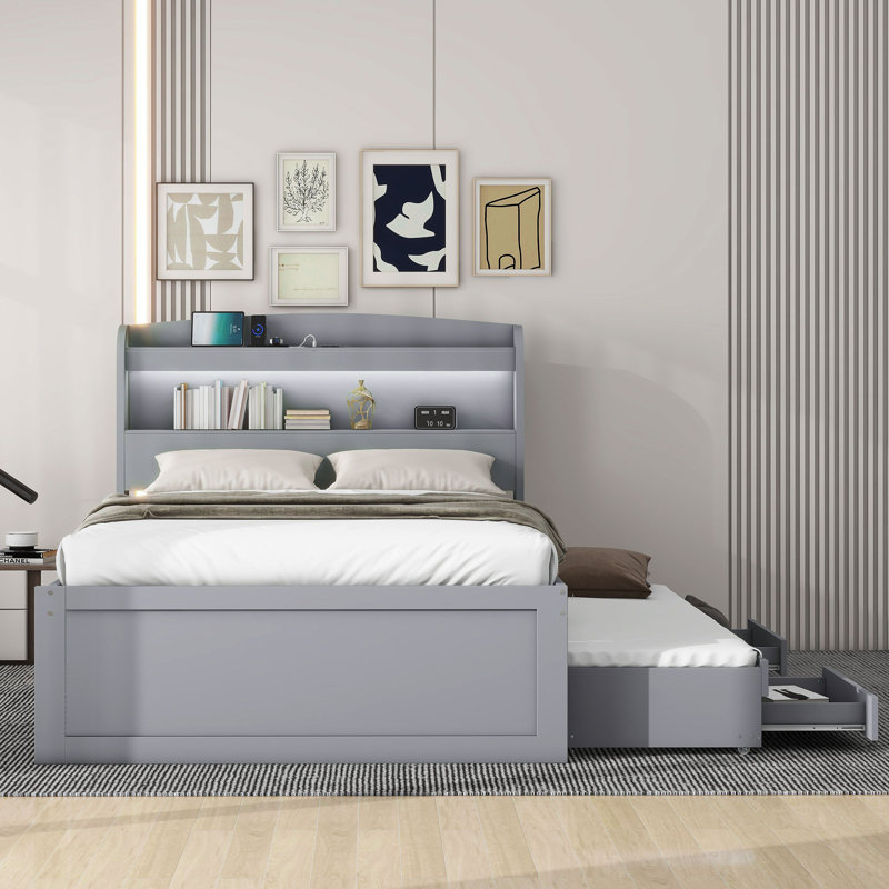 Lit plateforme simple TG avec tête de rangement à DEL, station de charge, lit gigogne simple et 2 tiroirs, gris, Gris