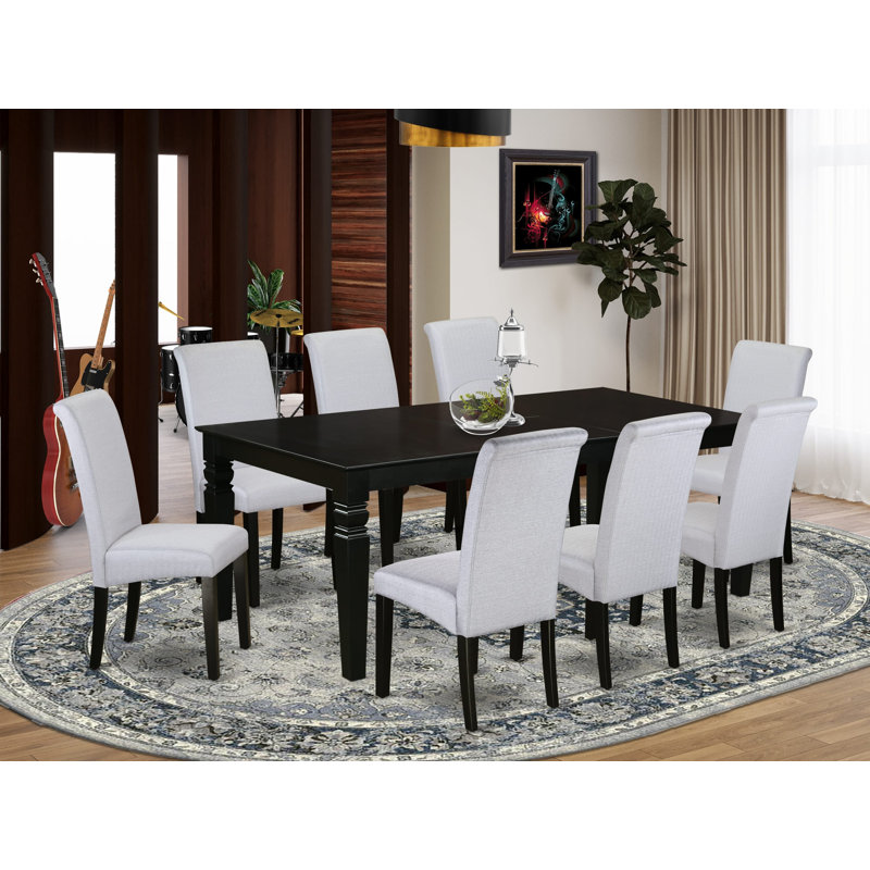 L'ensemble de mobilier de salle à manger 9 pièces comprend une table rectangulaire en bois avec feuille papillon et 8 chaises Parsons en tissu gris, noir