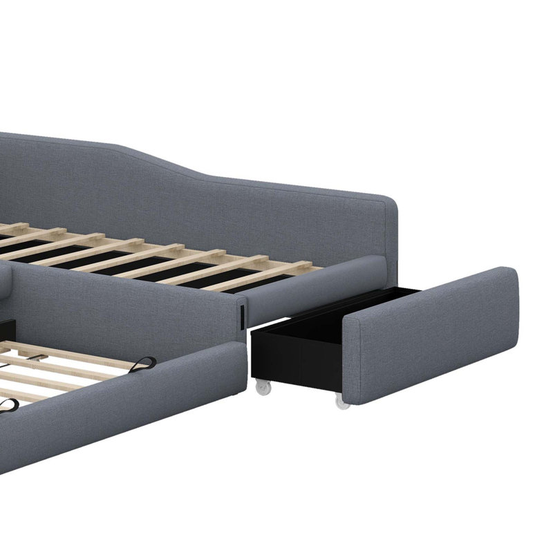 Upholstered Double Daybed With Trundle And Drawer, Gray