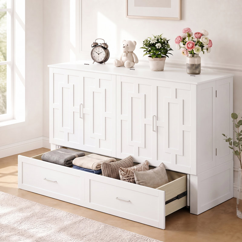 Grand lit escamotable, lit armoire intelligent avec station de charge USB et matelas à trois volets, tiroirs de rangement pour la maison