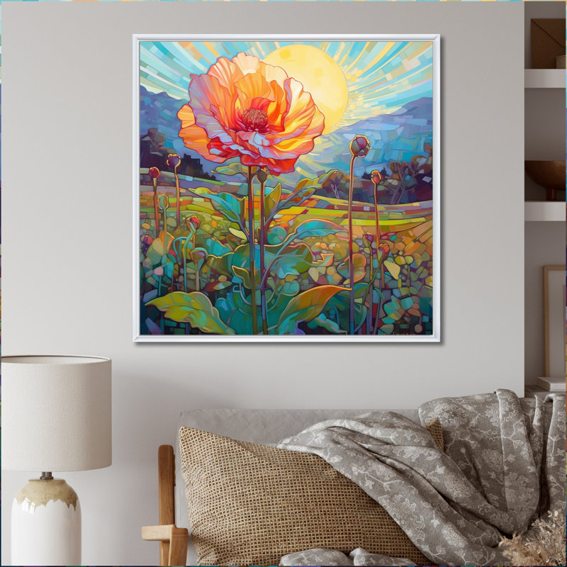 «Radient Chrysanthemum In Field At Sunset», reproduction sur toile, H 24 po x l 24 po, Cadre flottant blanc
