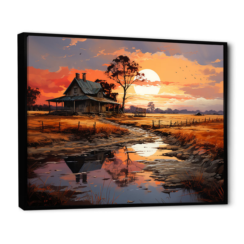 Barns Sunrise Country Charm sur toile, H 16 po x l 32 po x P 1 po, Cadre flottant noir