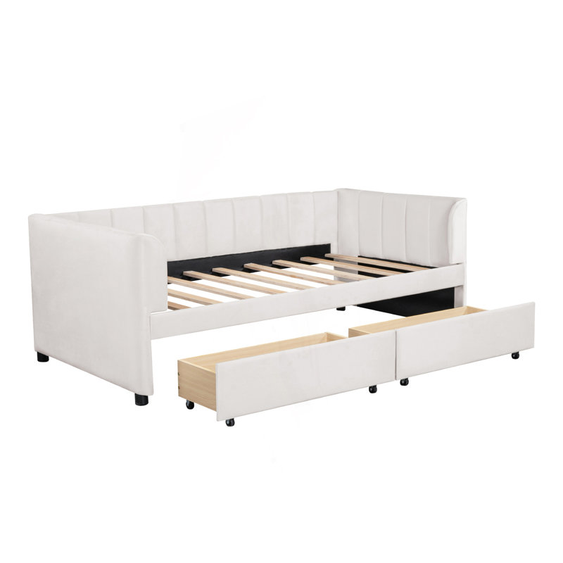 Lit de jour simple rembourré avec dossier ergonomique et 2 tiroirs, lit de jour, Beige
