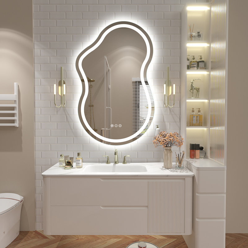 Aevar Asymmetrical LED Lighted Wall Mirror, 36" x 24"