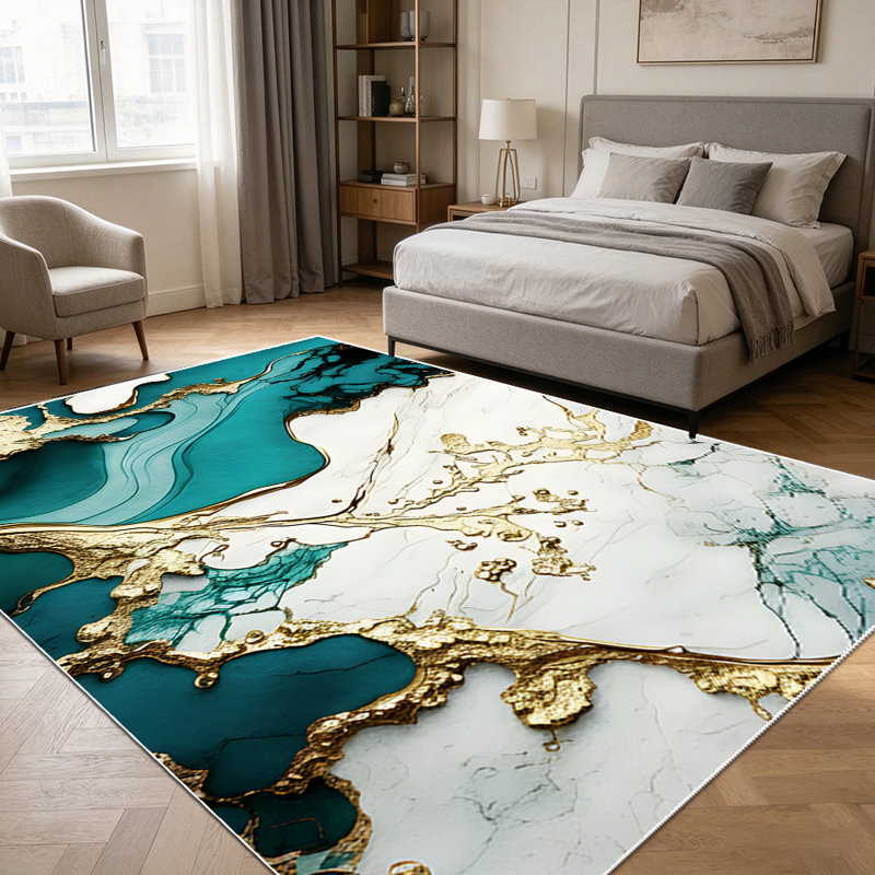 1PC teal and gold marble fluid abstract area rugs for Living Room, Soft and Comfortable, Suitable for all seasons, easy-to-maintain, machine washable Indoor floor mat, Under Table Farmhouse suitable for bedroom, dining room, entryway, home office,
