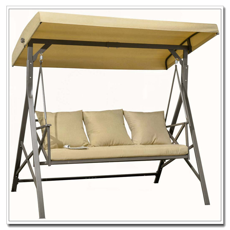Banc de balançoire d'extérieur pour 3 personnes avec support et auvent réglable, Beige/brun