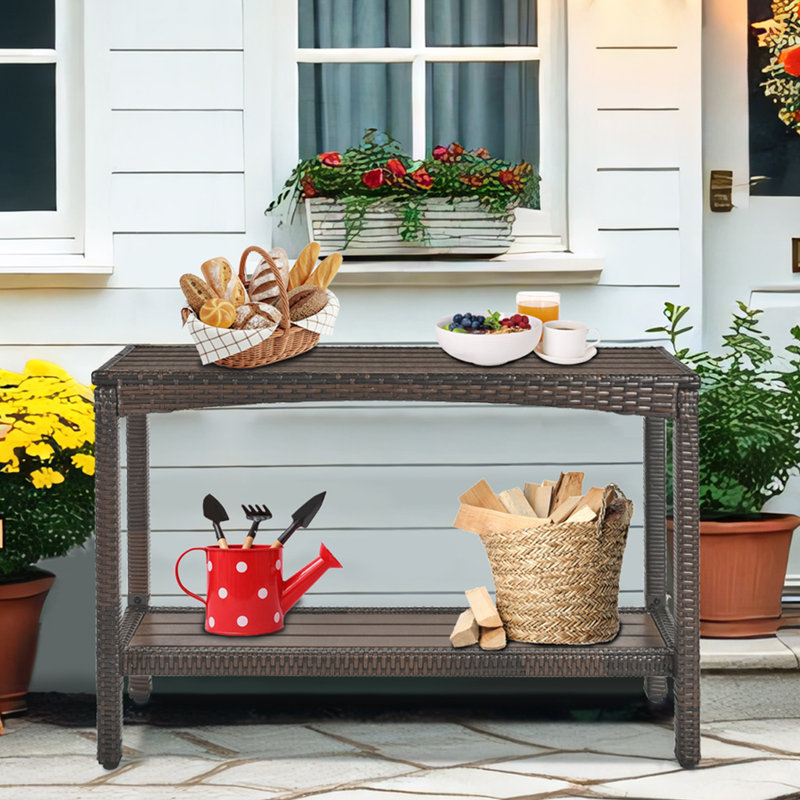 Console d'extérieur pour table de bar étroite avec canapé 45 po en osier multifonctionnel pour buffet et rangement à 2 tablettes avec pieds réglables pour le vestibule brun