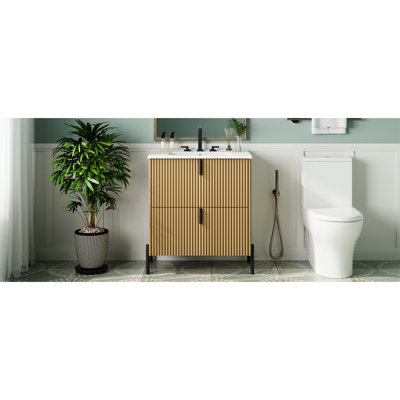 Meuble-lavabo autoportant de 30 po avec lavabo en céramique, tiroirs à extension et mécanisme de fermeture en douceur pour les salles de bain contemporaines de luxe, espaces cannelés fabriqués à la main