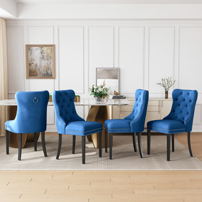 High-End Tufted Dining Chair Set, Velvet Upholstery With Nailhead Trim And Back Pull Ring, Solid Wood Legs