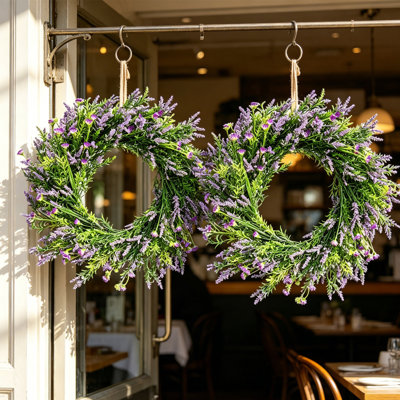 2Pack Set of 2 Artificial Lavender Wreaths, 17.8 Inch Wreath Artificial Wild Flower Greenery Leaves for All Seasons - Farmhouse Home Wall Indoor Outdoor Window Decor for Front Door, Porch, and Indoor Decor