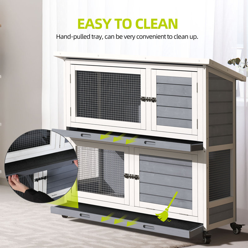MEDEHOO 62" Rabbit Hutch With Chew-Proof Ramp & Waterproof Roof - Indoor/Outdoor Bunny Cage, 2-Story Design, 6 Lockable Caster Wheels & Dual Pull-Out