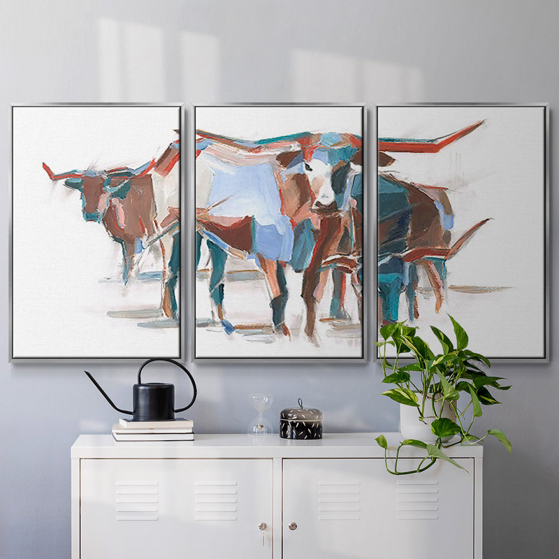 Longhorns modernes II 3 pièces, H 40 po x l 78 po x P 2 po, Encadrement argenté