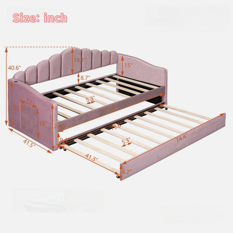Upholstered Daybed With Trundle And Usb Charging Ports, Pink