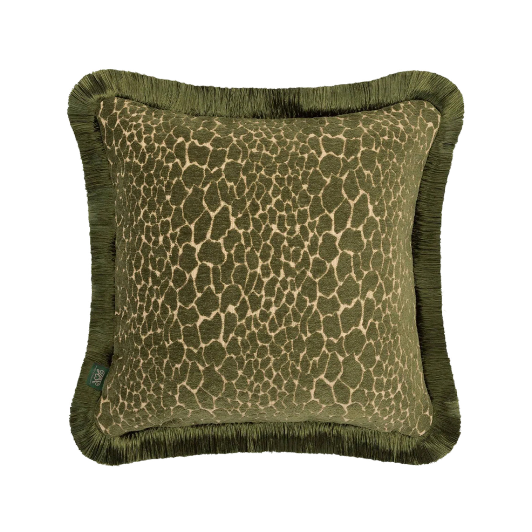 Square decorative throw pillow in olive green with a textured animal print pattern and matching fringed edges.