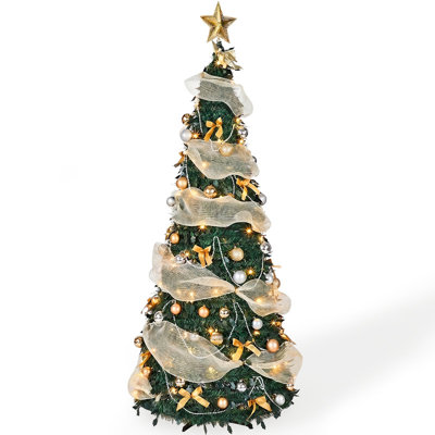 6FT Foldable Pre Lit Christmas Tree with Ribbon and Ornaments Remote Controlled Indoor Xmas Holiday Decoration