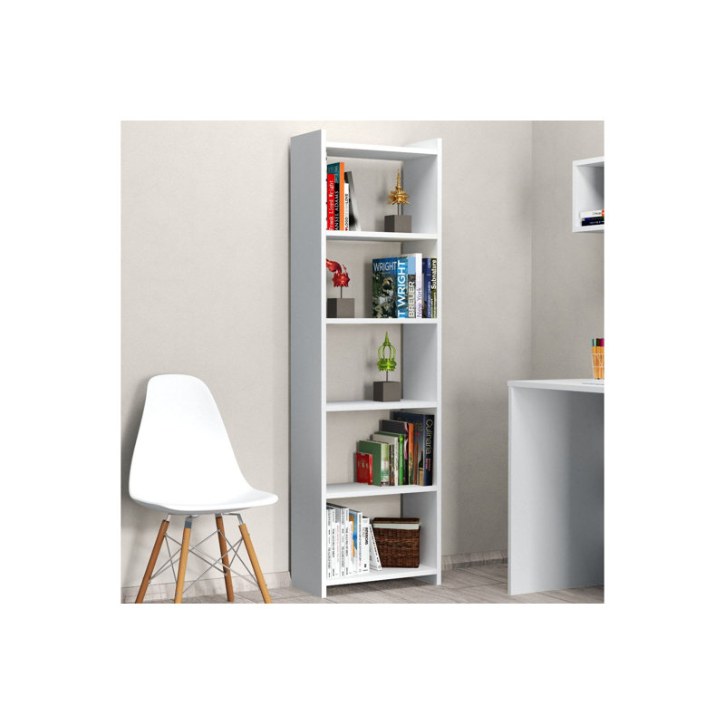 Bibliothèque moderne blanc, 5 tablettes, panneau de particules revêtu de mélamine de 18 mm d'épaisseur, 18,9 po x 62,6 po x 9,3 po | Conception murale pour économiser de l'espace | Solution de rangement élégante et fonctionnelle pour la maison ou le bureau