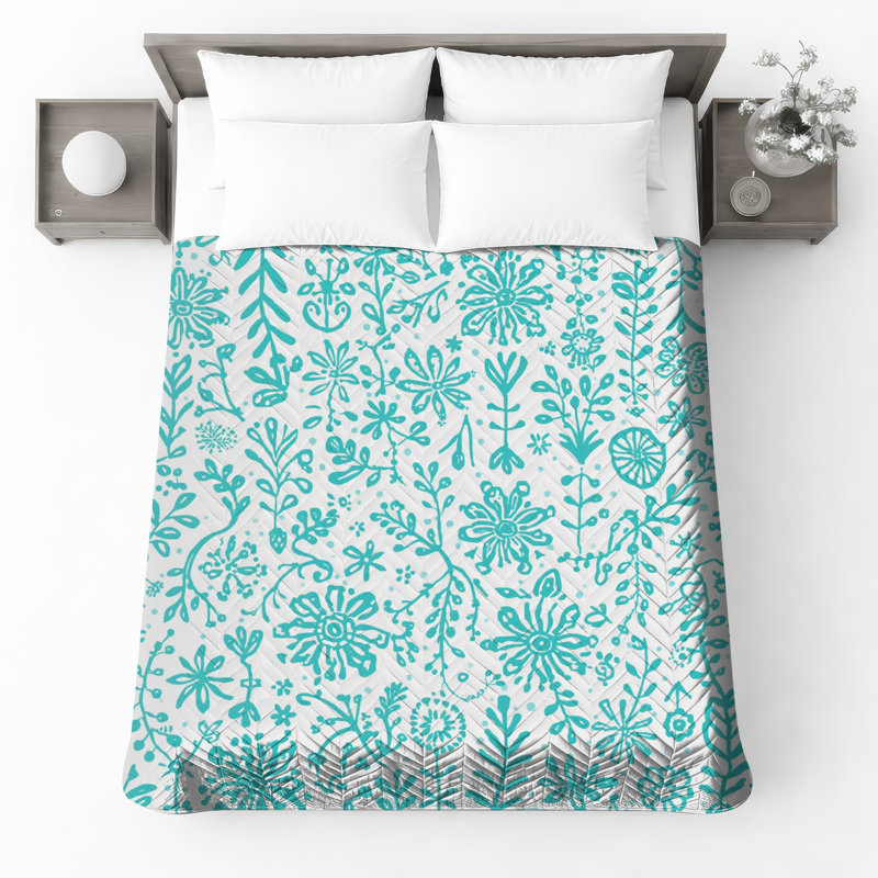 Turquoise Floral Pattern Quilted Bedspread All Sizes, Full / Double