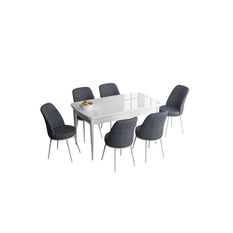 Ensemble de table et chaises de salle à manger extensible Modern (7 pièces), blanc et fumée | 100% panneau de fibres à densité moyenne avec pieds en métal | Table: 44,9 po x 30,7 po x 27,6 po (ouverte: 56,7 po) | Chaises: 17,7 po x 35,8 po x 16,5 po, confort luxueux avec dossier en mousse 22 po et siège en mousse 28 po.