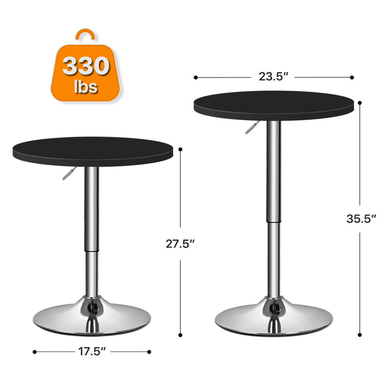 Bistro Pub Table Round Adjustable Height Bar Cocktail Table Swivel Dining Table with Chrome Base, Black