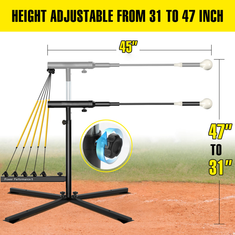Baseball Softball Swing Trainer avec 5 bandes de puissance, équipement d'entraînement de baseball à réinitialisation automatique, baseball frappeur, réglable en hauteur 31-47 pouces Softball Swing Trainer améliore la puissance, la vitesse