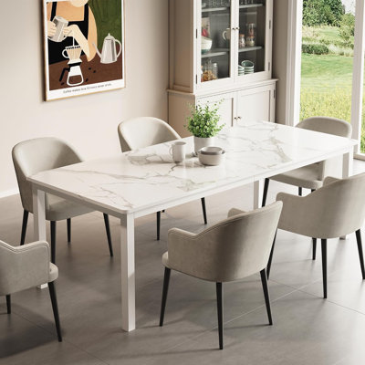 Table de salle à manger de 78,7 po de long pour 6 à 8 personnes, grande table de cuisine rectangulaire avec pieds en métal robustes, table de salle à manger industrielle moderne avec coin rond, faux marbre blanc / blanc