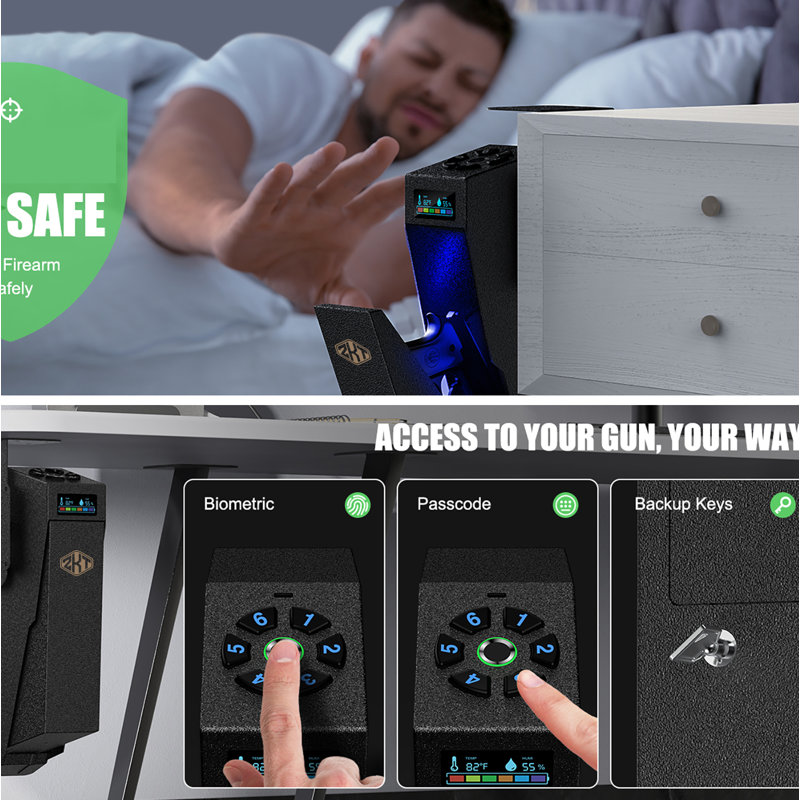 Coffre-fort pour armes de poing à fixation biométrique avec écran LCD, accès rapide pour table de chevet, bureau ou véhicule