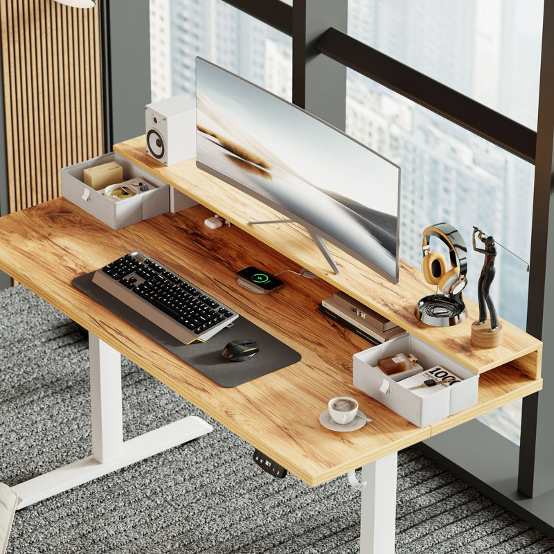 Electric Standing Desk With Drawers,Home Office Height Adjustable  Desk with Large Monitor Shelf, White/Light Rustic Brown
