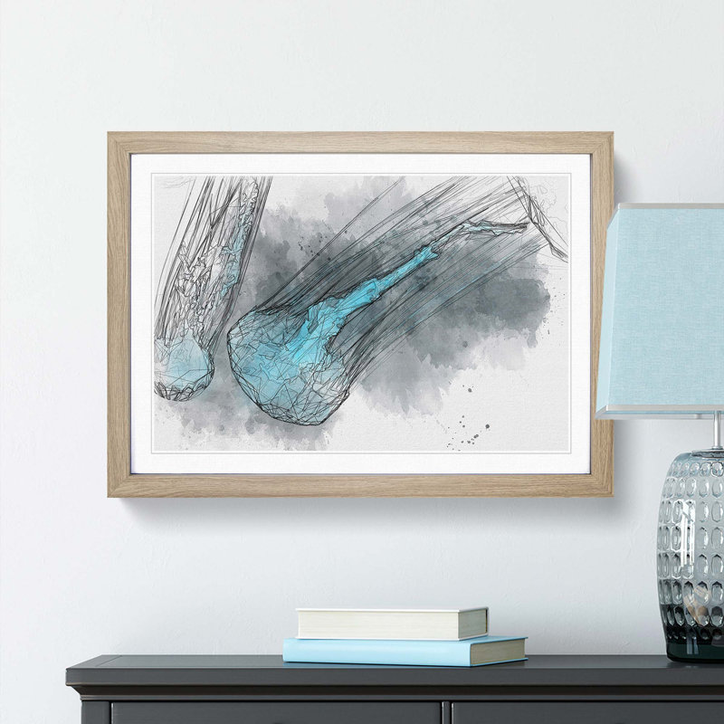 Neon Blue Jellyfish in Abstract - Framed Print, 48cm H x 65cm W x 2cm D, Oak Framed