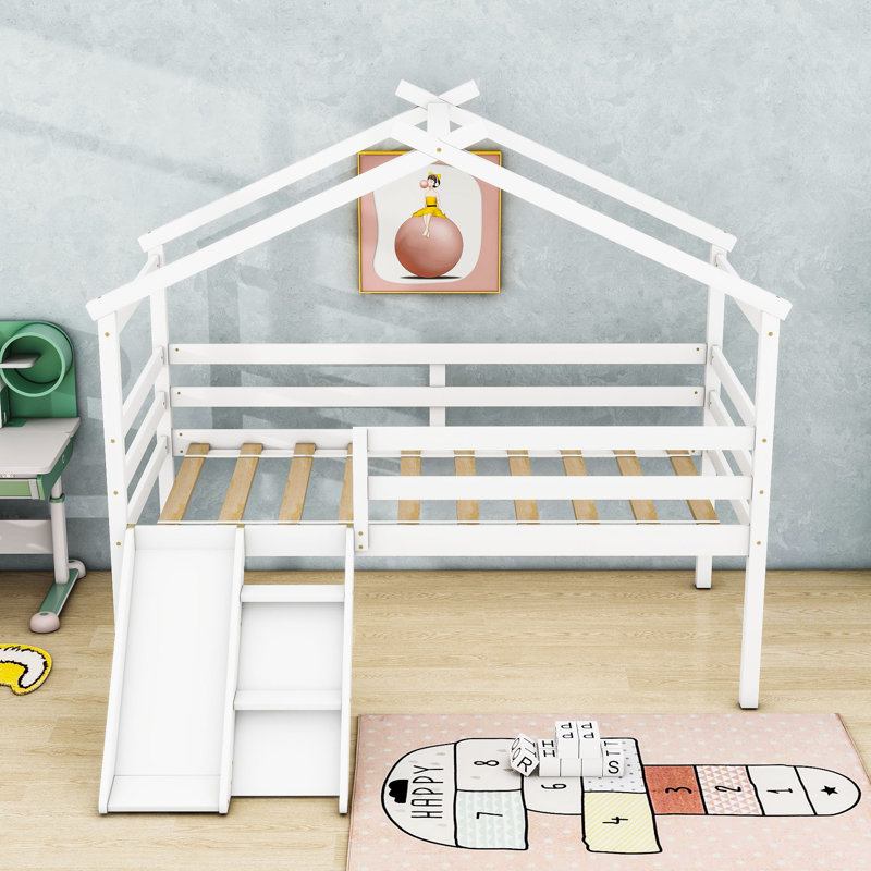 Lit mezzanine simple en bois avec glissade et garde-corps Aluino, Blanc