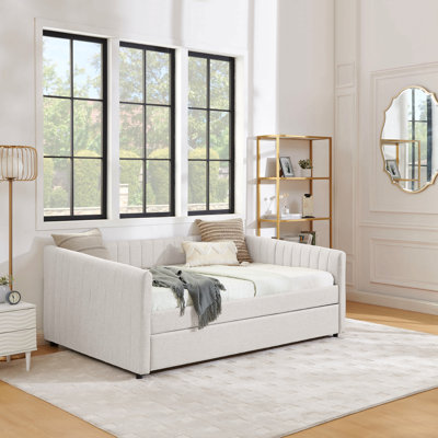 Full Size Daybed with Trundle Upholstered Sofa Bed,with Vertical Stripes,Linen Fabric,Beige