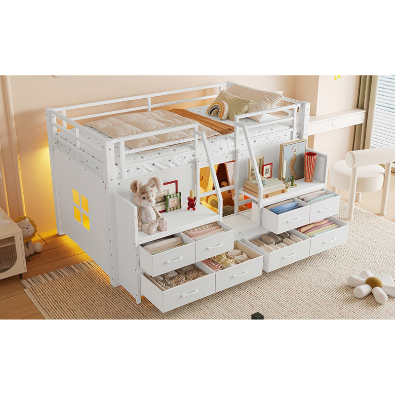 Lit simple mezzanine bas avec plusieurs espaces de rangement, tiroirs en tissu non tissé, tablettes, lit mezzanine en métal avec lumières et espaces indépendants sous le lit, aucun sommier nécessaire