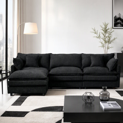 Modular Sectional Sofa, 102 Inch L Shaped Couch Set for Living Room, 3-Seater Comfy Cloud Couches with Movable Ottoman, DIY Combination, Chenille,Black