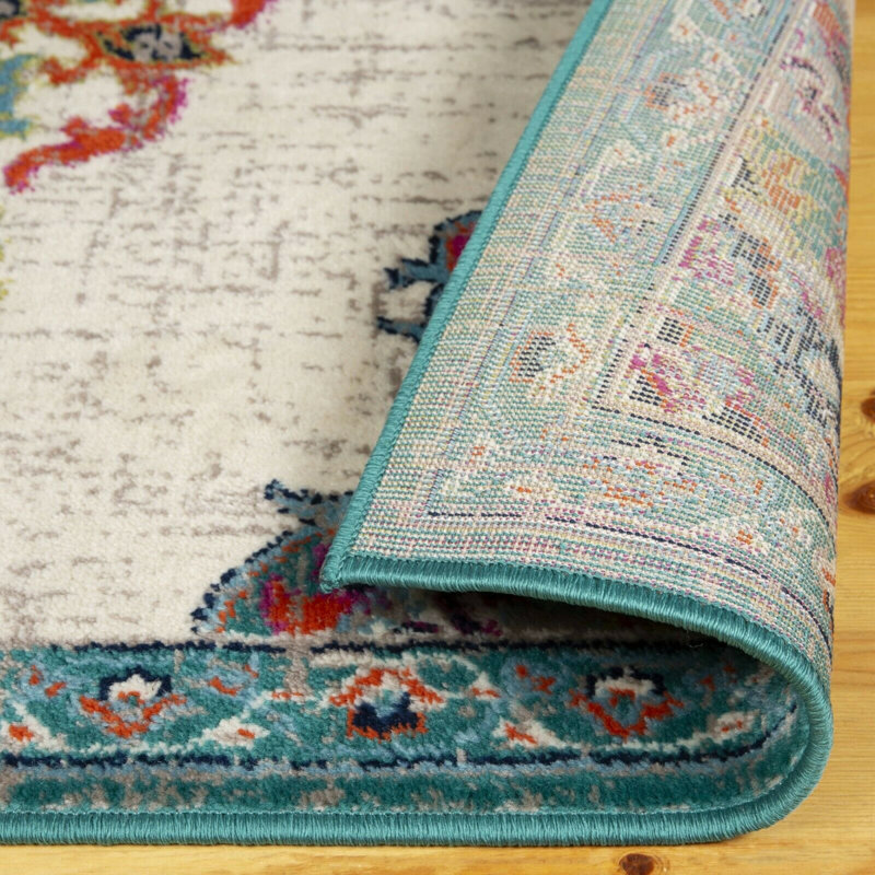 Tapis intérieur / extérieur en laine oriental bleu / blanc cassé, Rectangle 5 pi x 8 pi