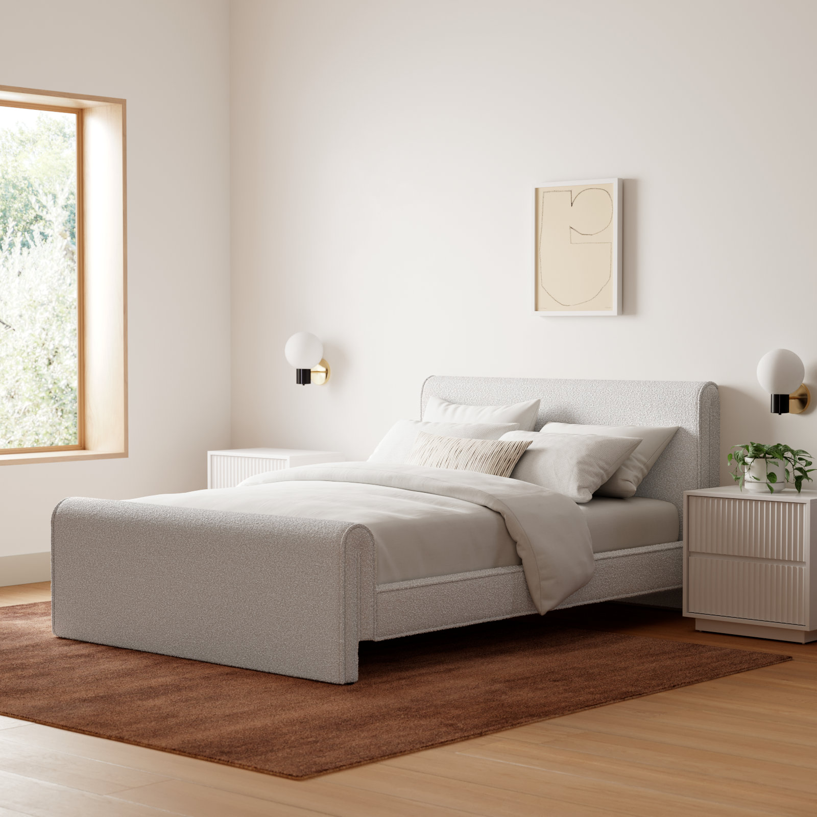 Chaylin Platform Bed, Queen, Cream Boucle Fabric