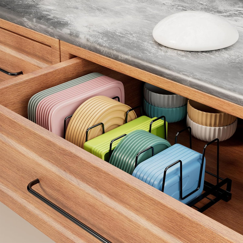 Organisateur de couvercles de nourriture, support de casserole et de casserole en métal 6 séparateurs pour armoires de cuisine, tiroirs, armoires, tablettes de rangement