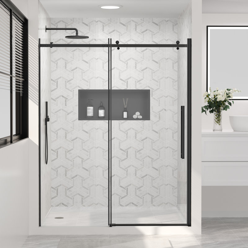 Porte de douche coulissante sans cadre avec panneau fixe, noir mat, verre trempé nano-revêtu, 112 à 122 cm de largeur x 188 cm de hauteur