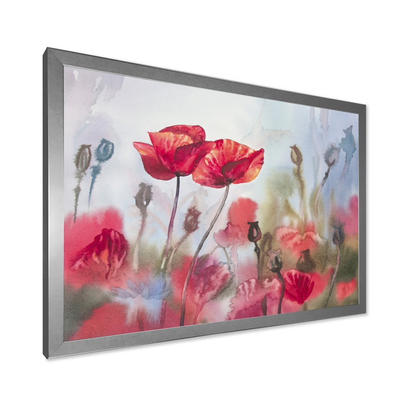 Blossoming Poppies in the Meadow - peinture sur toile, H 16 po x l 32 po x p 1 po, Cadre photo argenté