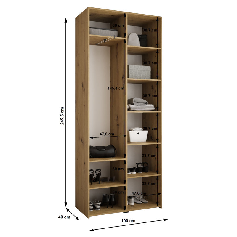 2 Door Manufactured Wood Wardrobe, 245,5 H x 100 W x 40 D, white matt + handles: gold