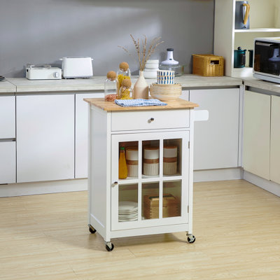 Chariot pour îlot de cuisine 27 po avec tiroir et porte vitrée, chariot de cuisine avec tablette réglable et porte-serviettes 27 po