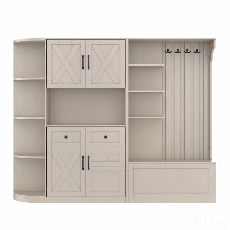 Multifunctional Left-Right Combination Hall Cabinet - 2 In 1 Storage Cabinet & Hall Tree With 4 Hooks, Beige