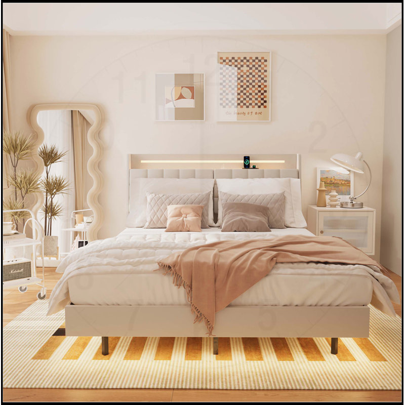 Structure de lit flottant double avec lumière DEL et station de charge, lit plateforme tapissier, grand lit, tête de lit, rangement dissimulé, aucun sommier nécessaire, beige