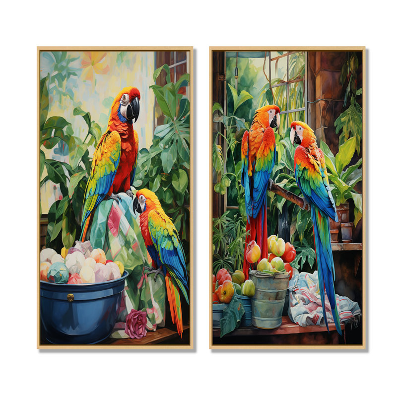 «Red Parrot Paradise I», ensemble de 2 reproductions d'art sur toile, H 40 po x l 41 po, Cadre flottant brun
